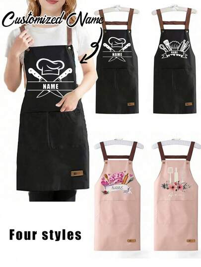 Avental personalizado ajustável com nome personalizável, estampa de chapéu de chef rosa e talheres, para homens e mulheres, com bolsos grandes, alças ajustáveis no pescoço e na cintura, aventais personalizados para culinária e churrasco, presente perfeito para homens e mulheres, ideal para o Natal e o Dia de Ação de Graças.