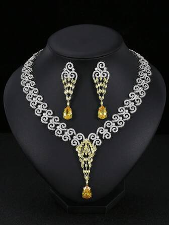 1 Set Of 3pcs Fashionable Water Drop Zirconia Necklace & Earrings Set, Bridal Wedding Engagement Party Formal Dress Luxury Jewelry Gift For Women