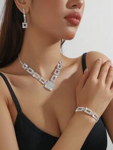 4pcs Rhinestone Embellished Sophisticated Versatile Necklace, Earrings And Bracelet Set, Suitable For Women's Daily Commute, Campus Dating, Wedding Party, Valentine's Day Holiday Gift - Silver - View 5