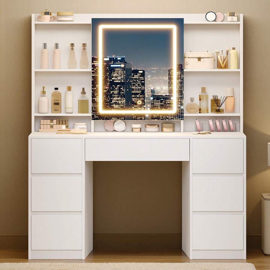 HEXCELEN Vanity Table With Lighting, Vanity Table With Large LED Mirror, Vanity Table With Adjustable Brightness, 7 Drawers, 4 Shelves, Storage Space Behind The Mirror, White - 查看 1