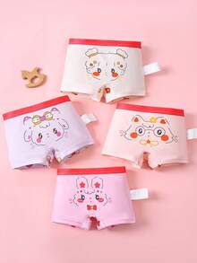 4 件装女童可爱蝴蝶结、宠物图案撞色舒适三角裤，幼儿和小孩内裤 - 彩色 - 查看 1