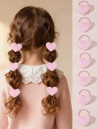 5pcs/10pcs Girls Pink Heart Shaped Hair Scrunchies Set, Suitable For Valentine's Day, Daily Decoration