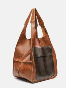 女士托特包，棕色咖啡色，复古欧美拼接设计，大容量，简约单肩包，适合年轻及中年女性，日常通勤、购物、旅行皆宜。 - 棕色 - 查看 4