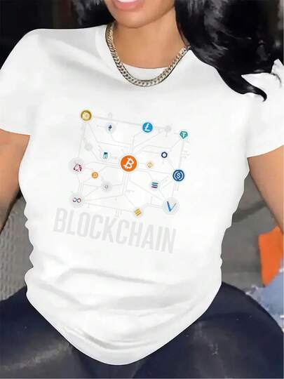 Women'S Black And White Blockchain Graphic T-Shirt - Lightweight Polyester, Round Neck, Casual Design With Bitcoin & Ethereum Icons, Perfect For Home Office, Dining Room, Or Living Room Wear, Comfortable Fit For Everyday Activities, Everyday Tshirt| Round Neck Shirt| Medium Stretch Fabric