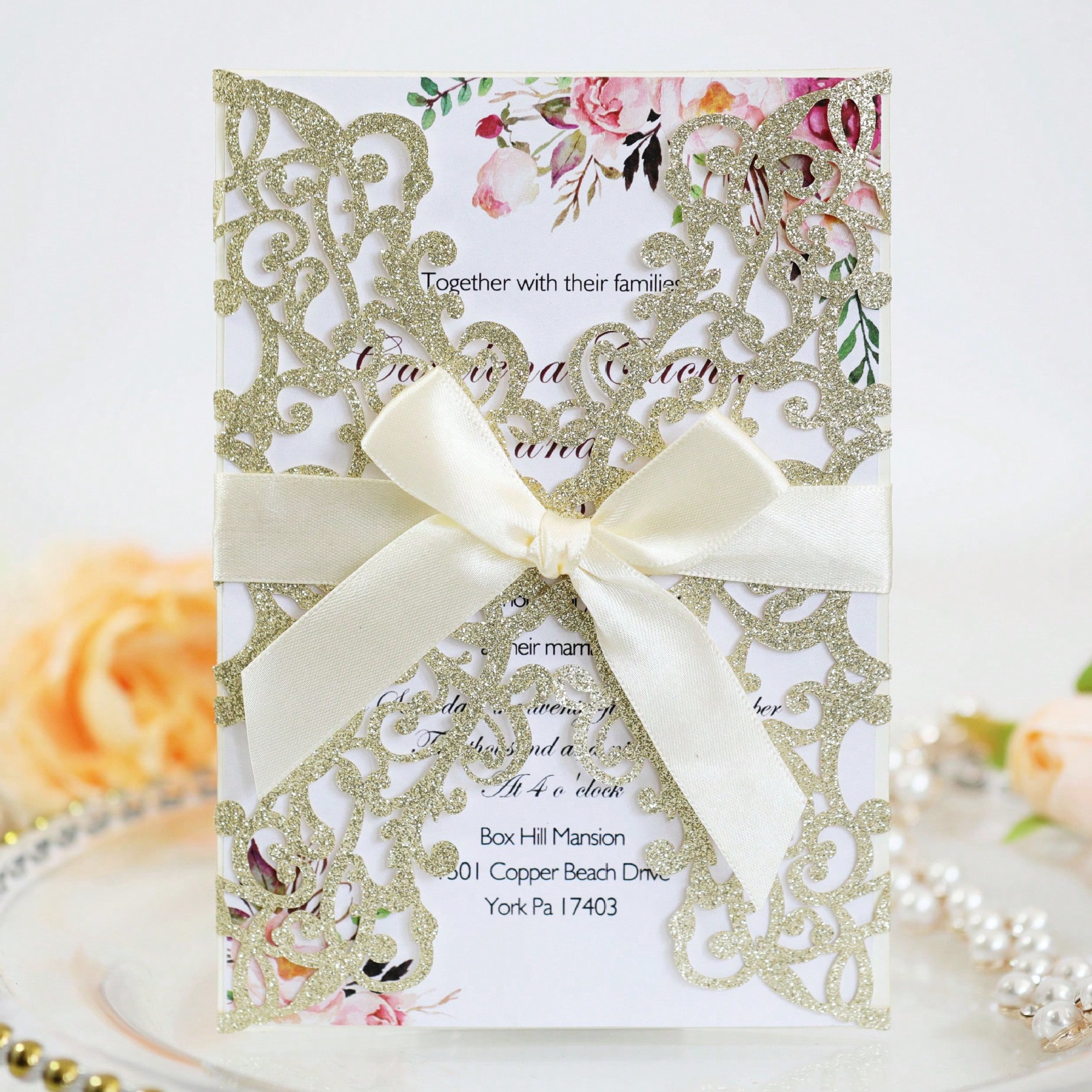 20 pieces / 5 sets, 40 pieces / 10 sets of wedding invitation cards decorated with gold and silver transparent glittered floral de...