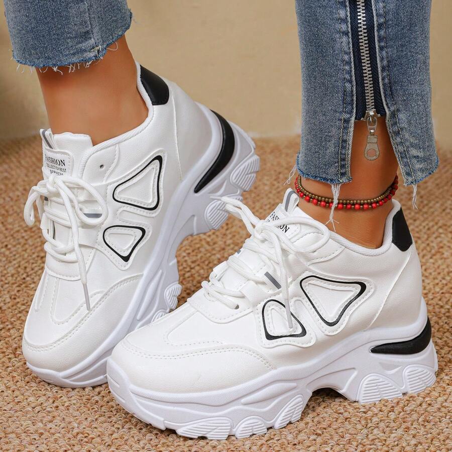 Women's Autumn/Winter New Wedge Heel Gold Sequin Sneakers, Thick Sole Elevated Casual Fashion Versatile Running Shoes - Black - View 1