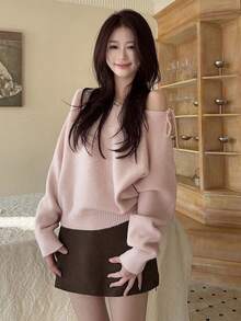 Korean Style Cute & Slouchy Vibe Autumn/Winter Off-Shoulder Tie-Up Long Sleeve Knit Sweater Top - Pink - View 4