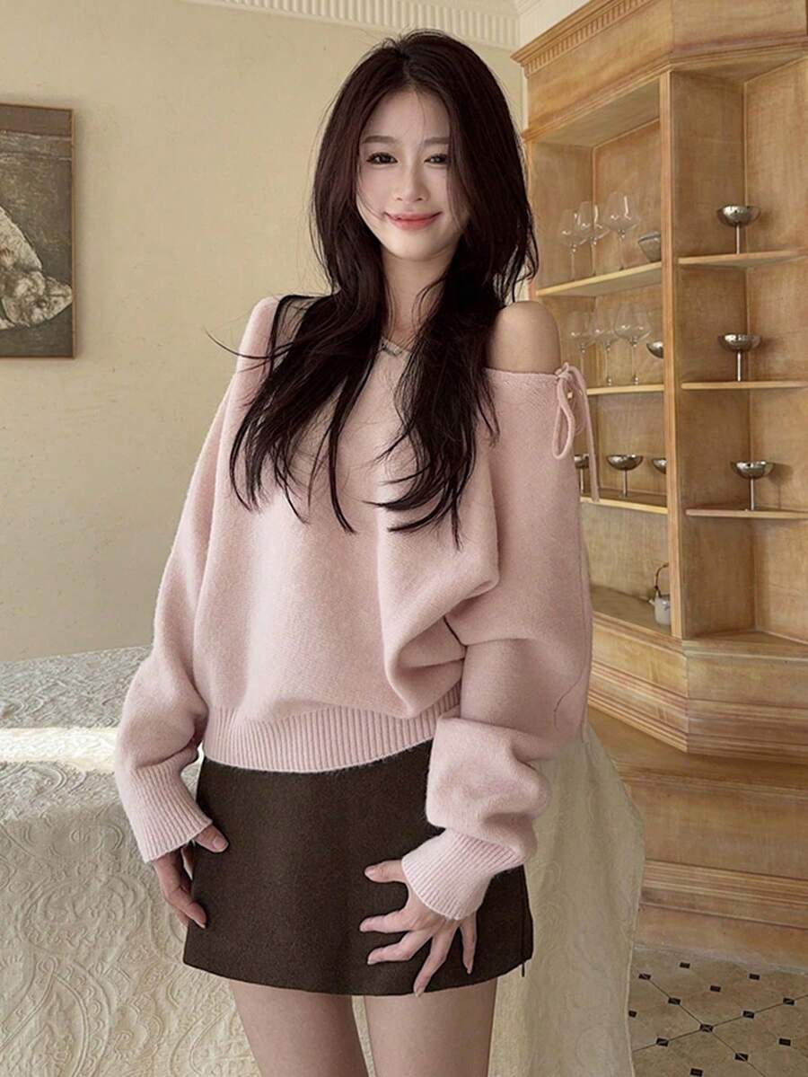 Korean Style Cute & Slouchy Vibe Autumn/Winter Off-Shoulder Tie-Up Long Sleeve Knit Sweater Top - Pink - View 1