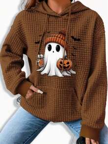 [Graphic Print Hoodie] Women's Cute Halloween & Pumpkin Graphic Print Hoodie - Cozy Fleece-Lined Hooded Sweatshirt With Drawstring, Machine Washable Fall Winter Casual Pullover, Halloween Clothes, Festive Apparel, Fleece Lined Comfort, Holiday Outfit, Playful Design, Durable Construction, Holiday Shoppers      Rich Navy Halloween Themed Oversized Graphic Hoodie   Long Sleeve Tops Women   Cute Tops - Màu nâu - Xem 5