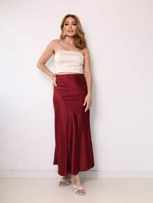 Women's Long Satin Skirt, High Waist. - 酒紅色 - 查看 4