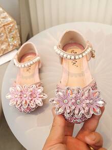 1 Pair Girls' Princess Bow Rhinestone Teddy Bear Summer Sandals, Casual Versatile Flat Slide Sandals, Suitable For Toddler, Little, And Big Kids - Pink - View 2