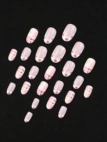 24片椭圆形美甲贴纸，适合春夏美甲，图案包括浪漫粉玫瑰、花园图案、郁金香、蕾丝边、法式白、粉色假指甲、美甲装饰，是情人节礼物的完美之选。亚克力美甲贴纸，适合女士约会、派对、日常拍摄、婚礼等场合，提升时尚感！ - 粉色 - 查看 5