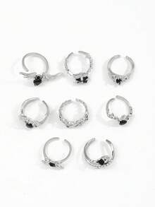 8pcs Gothic Style Black Rhinestone Bat, Spider, Thorn Rose Metal Rings Set, Punk Goth Aesthetic - Silver - View 4