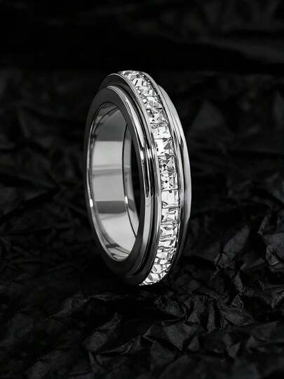 Unisex Titanium Steel Fidget Ring With Cubic Zirconia, Effective For Anxiety Relief, Can Be Used As Wedding Commitment Or Lucky Ring, Comfortable Fit, Size 6-11