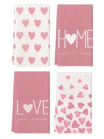 2Pcs/4Pcs Valentine's Day Pink Heart Kitchen Decoration Towels,Mother's Day, Heart Shaped And "HOME Sweet Home" Design Hearts Romantic Style Kitchen Towel Bathroom Towel Decorative Towel For Home, Wedding, Anniversary Gift, Heart Design Towel For Couples, Love Theme Towel, Soft Towel