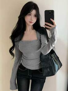 女士性感黑色长袖T恤，修身剪裁，时尚百搭，秋季必备 - 灰色 - 查看 3