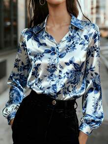 The Women's Long-Sleeve Satin Print Shirt Features A Stylish Animal Print Design And Classic Button Details, Making It Perfect For Everyday Wear. Vacation - Blue - View 1
