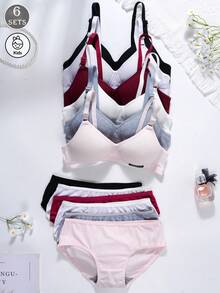 6Sets Girls' Underwear Set, Comfortable Ribbed Triangle Cup Bra And Mid-Waist Solid Color Panty Set