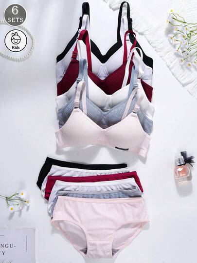 6Sets Girls' Underwear Set, Comfortable Ribbed Triangle Cup Bra And Mid-Waist Solid Color Panty Set