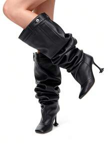 2025 Autumn Winter Fashion New Ladies Square Head Sculptural Heels Black Knee Boots Wide Calf Sexy Christmas Party Shoes - 黑色 - 查看 5