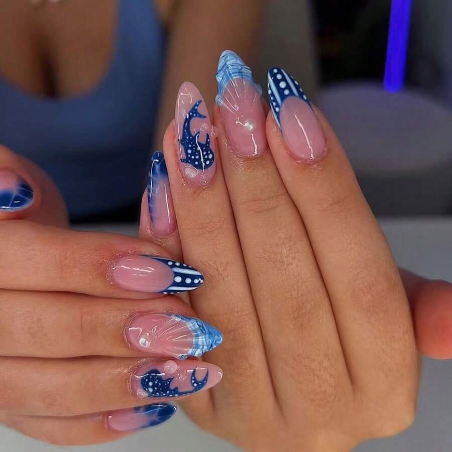 24 PCs Dolphin 3D Wearable Nails Removable Reusable Nail Stickers Special-Interest Design 3D Dolphin Glitter Nails Daily Commute Dating Party Photo Accessories European And American Style Girlfriend Valentine's Day Birthday Gift - 藍色 - 查看 1