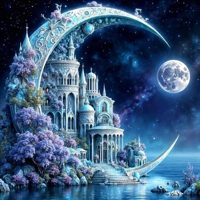 一套无框5D钻石画套装，适合成人和初学者，月亮城堡3D马赛克艺术，包含实验室培育水晶钻石，全套DIY配件，手工墙饰，仙境城堡和星空设计