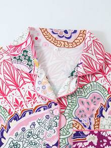 2 pezzi Set pigiama da donna, top a maniche lunghe con colletto e bottoni, pantaloni larghi in vita elastica, con stampa paisley, adatto per tutte le stagioni, comodo e rilassato, per uso domestico e all'aperto - Rosso - Visualizzare 3