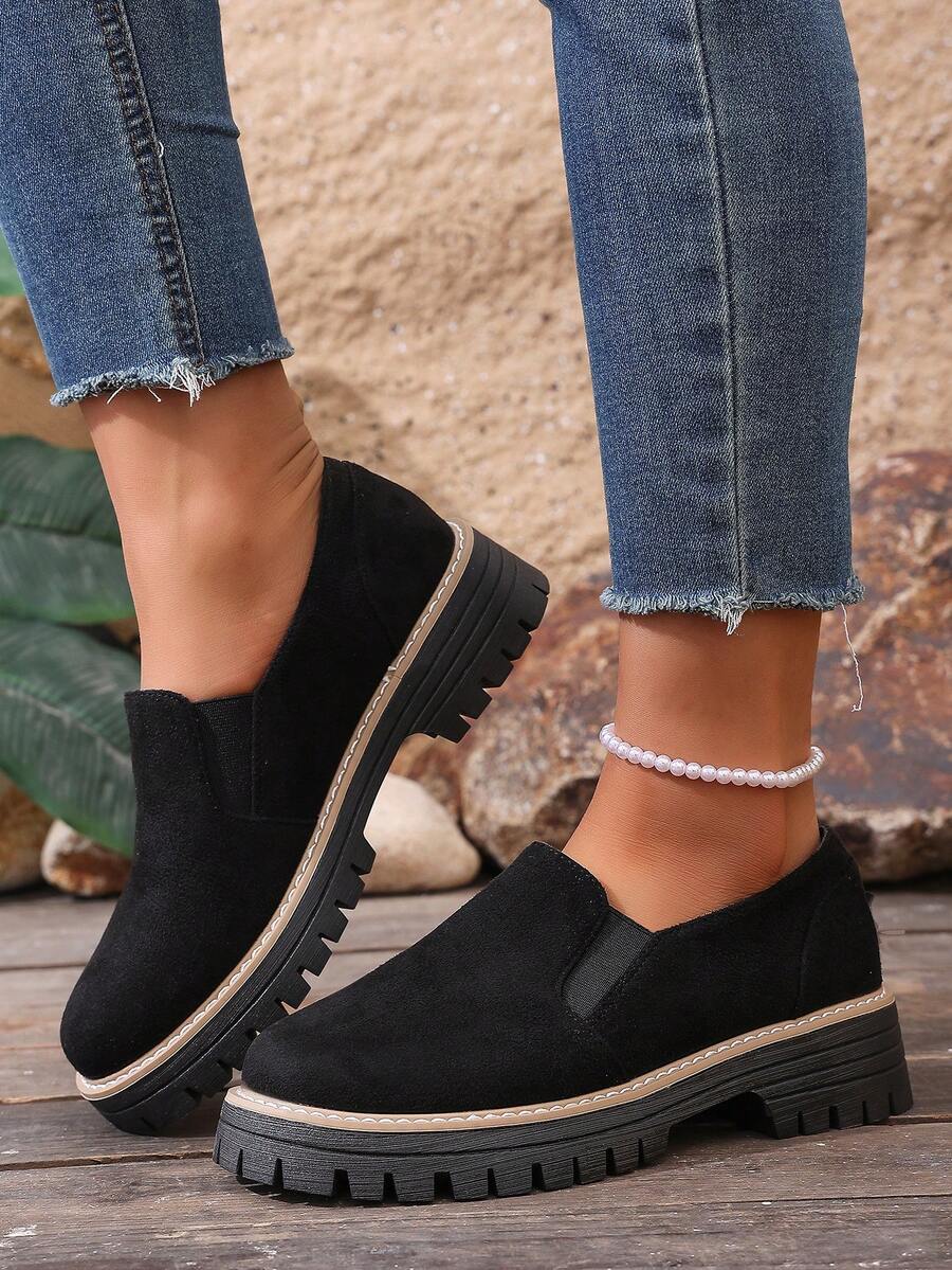 1 Par De Sapatos Plataforma Femininos De Pu, Cor Sólida, Ideais Para Uso Externo Em Todas As Estações. - Preto - Ver 1