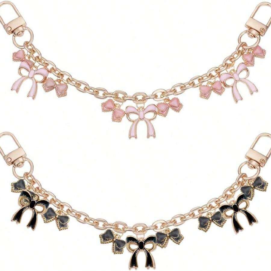 1/2Pcs Black Pink Bow Purse Chain Charm Bow Bag Charm Chain Bow Chain Strap Replacement Alloy Bag Extender Chain With Enamel Pink Bowknot Charms Handle Extender Decorative Bag Chains For Wallets Handbags - 彩色 - 查看 1