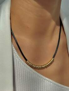 1pc Fashionable Minimalist Retro Exaggerated Multi-Circle Geometric Leather Cord Necklace Choker - Black - View 6