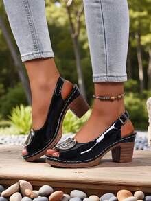 Sandal Hak Tinggi Musim Panas Wanita, Tali Pergelangan Kaki yang Dapat Diatur, Ujung Terbuka, Dekorasi Gesper Logam Gaya Preppy, Hak Tinggi Pesta Bertabur Berlian Imitasi - Hitam - View 2