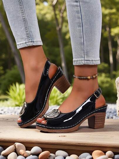 女士夏季高跟凉鞋，可调节踝带，露趾设计，学院风金属搭扣装饰，水钻派对高跟鞋