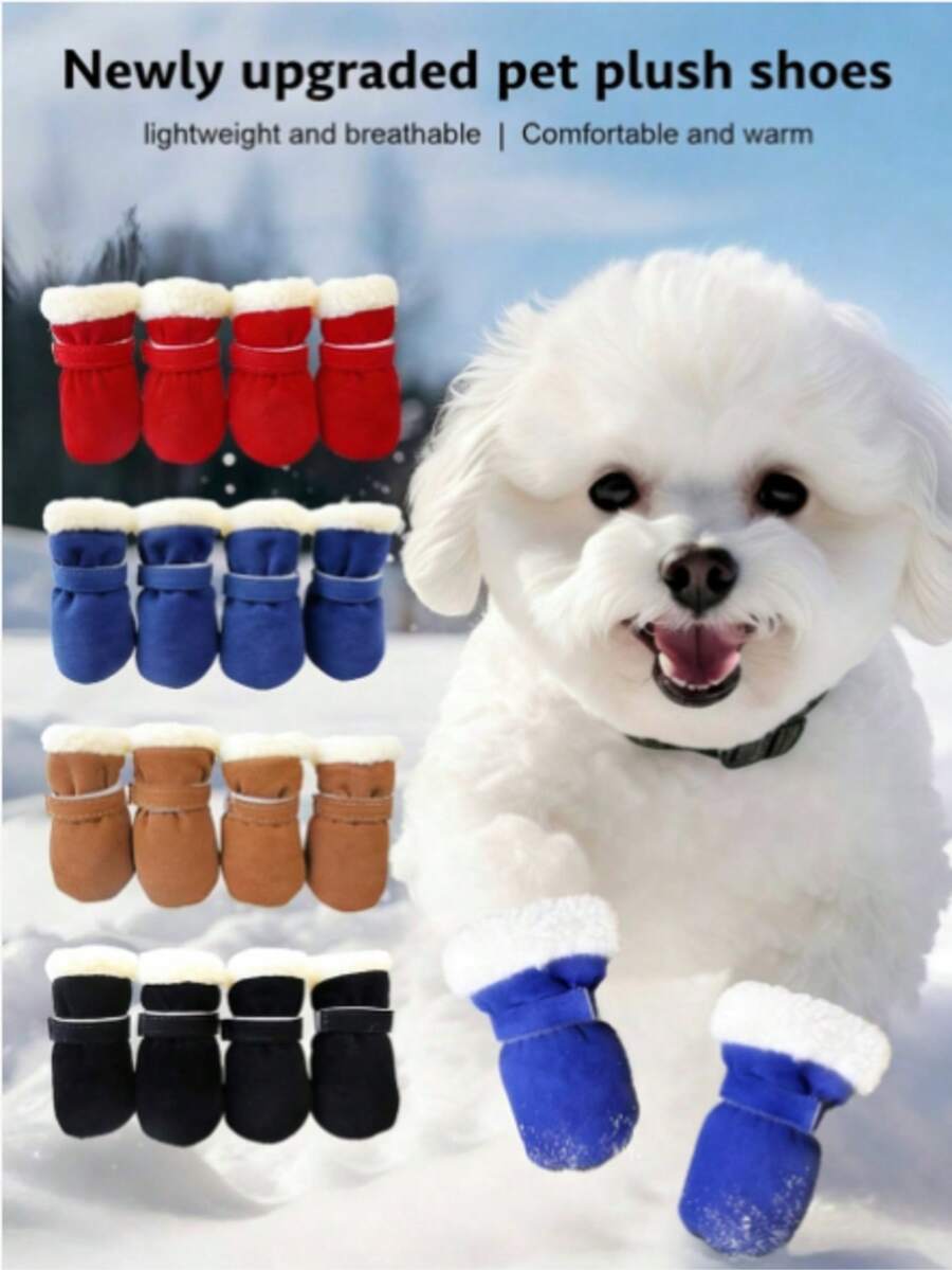 4pcs Candy Color Pet Winter Shoes - Fleece Thickened Warmth, Non-Slip Soft Soles, Adjustable Boots For Small Dogs & Cats (Size Up Suggested, Measure Before Purchase) - Multicolor - View 1