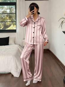 2PCS Teen Girl Satin Pajama Sets Pj Set Cute Bear Print Long Sleeve Button Down Shirt With Long Pants