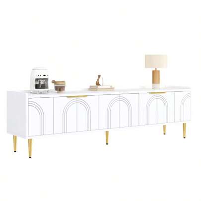 TV Cabinet, Lowboard With Textured Door, TV Furniture, Gold Handles And Gold Feet, 170 L X 35 W X 47.5 H (Cm)