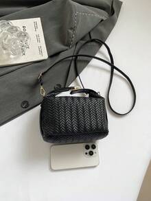 1 pieza Mini bolso con textura trenzada falsa en forma de caja, bolso bandolera de PU con correa ajustable y cremallera, bolso de mano de moda para uso diario, citas, compras, trabajo - Negro - Ver 10