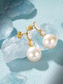 2pcs Pearl 925 Sterling Silver Earring Women Classic Drop Earring Thread Piercing For Daily Wear Daily Wear Wedding Party Engagement Fine Jewelry - Gold - View 2