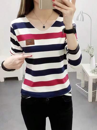 Blusa femenina de manga larga holgada estilo coreano con rayas para otoño