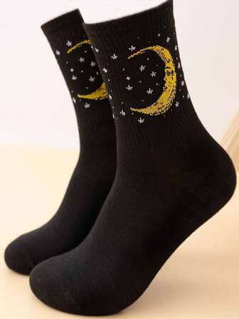 1 Pair Black Side Moon Design Comfortable Versatile Casual Daily Men's Mid-Calf Socks