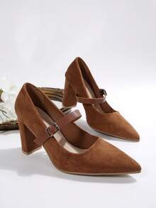 Women's New Arrival Black & Tan Textured Two-Tone Ankle Strap Pointed Toe Block Heel Pumps - Retro Color-Block High-End Footwear, Soft Cushion Insole & Non-Slip Sole, Ideal For Office/Brunch/Cocktail/Daily, 2026 Heels Perfect Gift For Fashionistas - Brown - View 1