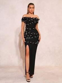 New Heavy Industry Women's Sexy Pink Off Shoulder Sleeves Single Neck Luxury Pearl 3D Flower Decoration Wedding Bridesmaid Dress Tight Wrapped Long Dress Women's Formal Banquet Party Dress - Black - View 1