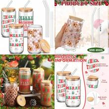 4 tazas de vidrio de Navidad con tapas y pajitas, vasos de Navidad de 16 onzas, tazas de café helado, vasos de Navidad con forma de lata para regalos de agradecimiento de Navidad, regalos(Navidad retro) - Multicolor - Ver 1
