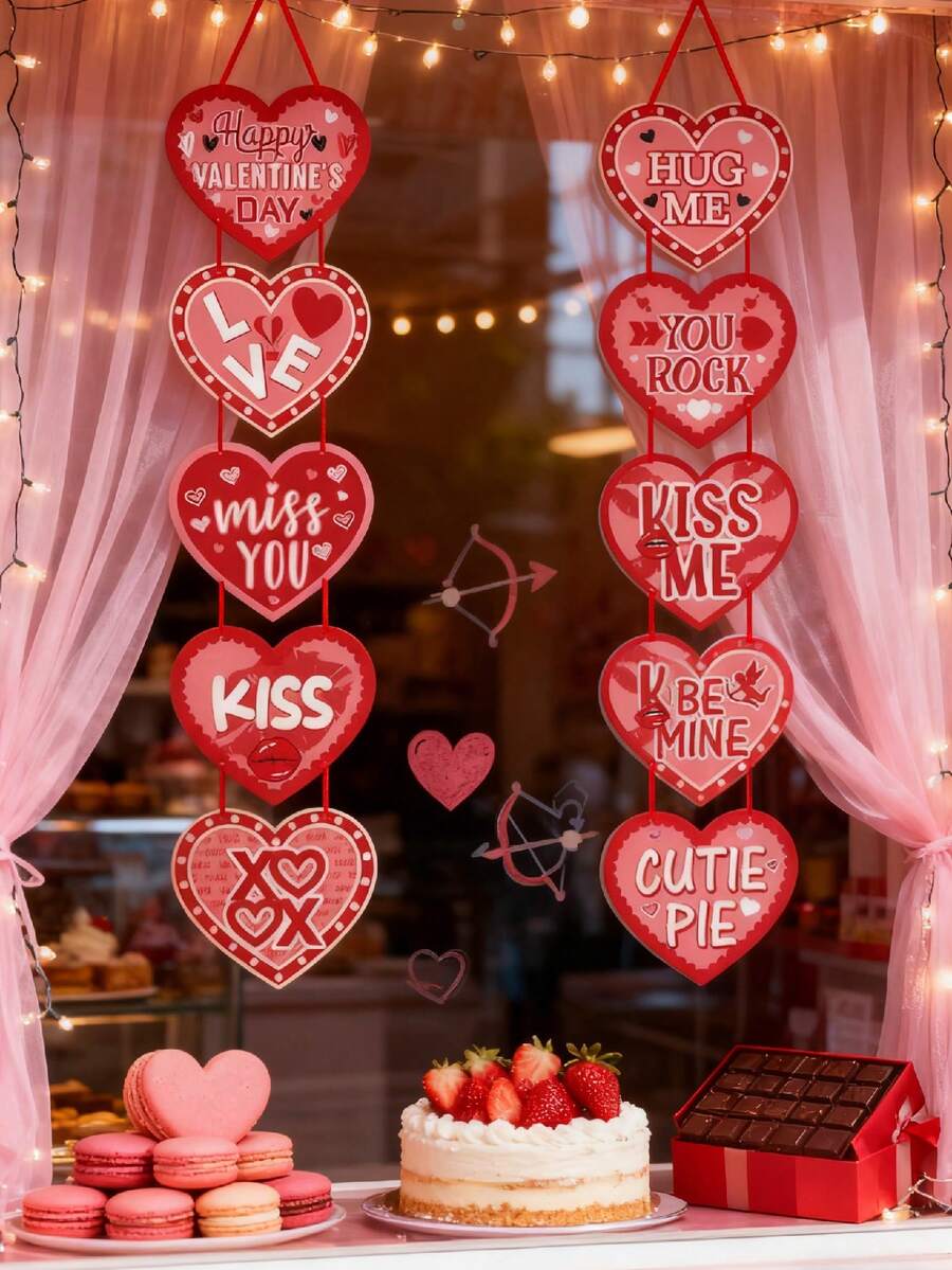 2件套情人节心形横幅装饰 - 悬挂式心形门廊横幅，心形花环婚礼/情人节墙面悬挂装饰/周年纪念/订婚/生日派对装饰