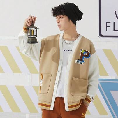  Puma Maillard College Style American Lettering Pattern Single-Breasted Windproof Color Block Sporty Crew Neck Stand Collar Long Sleeve Jacket, Unisex, Black And White