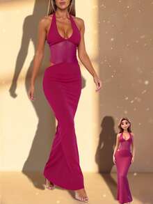 1 pièce Robe élégante et sexy en maille transparente de couleur unie avec découpe en V pour femmes, idéale pour les soirées, les sorties, les anniversaires, les séances photo et les représentations, printemps/été - Rose vif - Voir 2