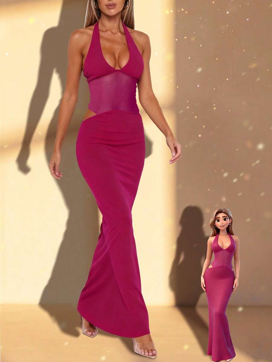 1 pièce Robe élégante et sexy en maille transparente de couleur unie avec découpe en V pour femmes, idéale pour les soirées, les sorties, les anniversaires, les séances photo et les représentations, printemps/été
