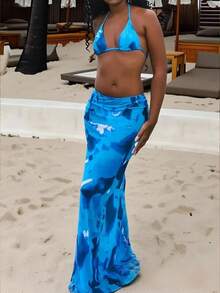 女士夏季沙滩扎染露背性感比基尼套装，含罩衫和裙子 - 彩色 - 查看 4