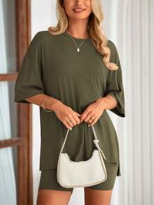 PRETTYGARDEN Women's Summer Clothes 2 Piece Sets Lounge Set Casual Oversized Shirts Biker Shorts Matching Airport Travel Sweatsuit Set Women Vacation Outfit Army Green Summer Brunch Outfits For Women - 軍綠色 - 查看 5