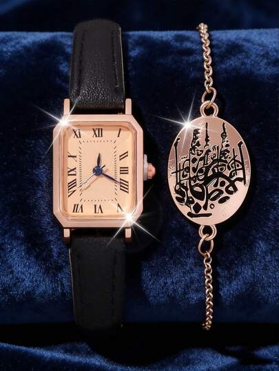 2pcs Women's Vintage Rose Gold Watch And Bracelet Set, A Highly Popular Gift And A Top Choice Among Gold-Tone Accessories. The Rose Gold Frame With A Vintage Roman Numeral Dial And Uniquely Patterned Bracelet Creates An Artistic, Retro Style. Suitable For Multiple Occasions: Daily Commute, Dating And Shopping