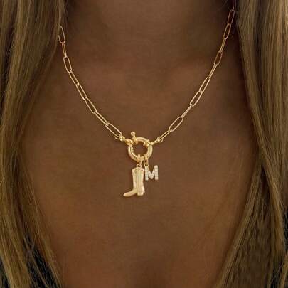 1 pieza Colgante de bota de vaquero clásica vintage, Collar con cadena de clip de papel de acero inoxidable dorado, para mujer